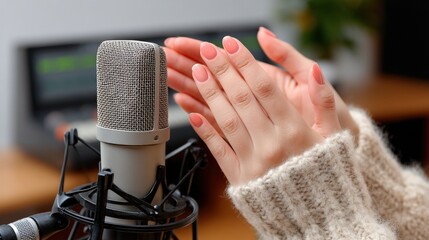 Hands clapping near a microphone in a cozy setting.