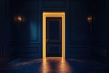 Illuminated door with golden glow in dark room