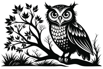 Owl on Branch Silhouette. Elegant Black Bird with Detailed Feathers and Big Eyes Design