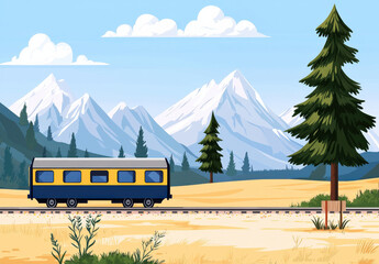 train travels through scenic landscape featuring mountains, trees, and open fields, evoking sense of adventure and tranquility