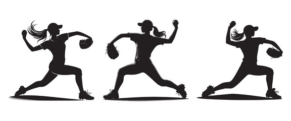 Set of Female Baseball Player throwing ball Silhouettes Vector Illustrations isolated on a white background