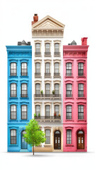 Fototapeta premium Colorful buildings with unique architectural styles and greenery create vibrant urban scene