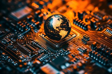 Globe on a computer chip with electronic circuit board background shows global technology.