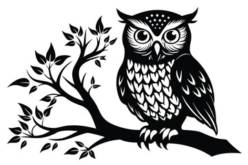 Black and White Silhouette of Owl Perched on Branch with Leaves in Flat Design