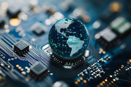 Globe on a circuit board representing global technology and interconnectedness in blue tones.