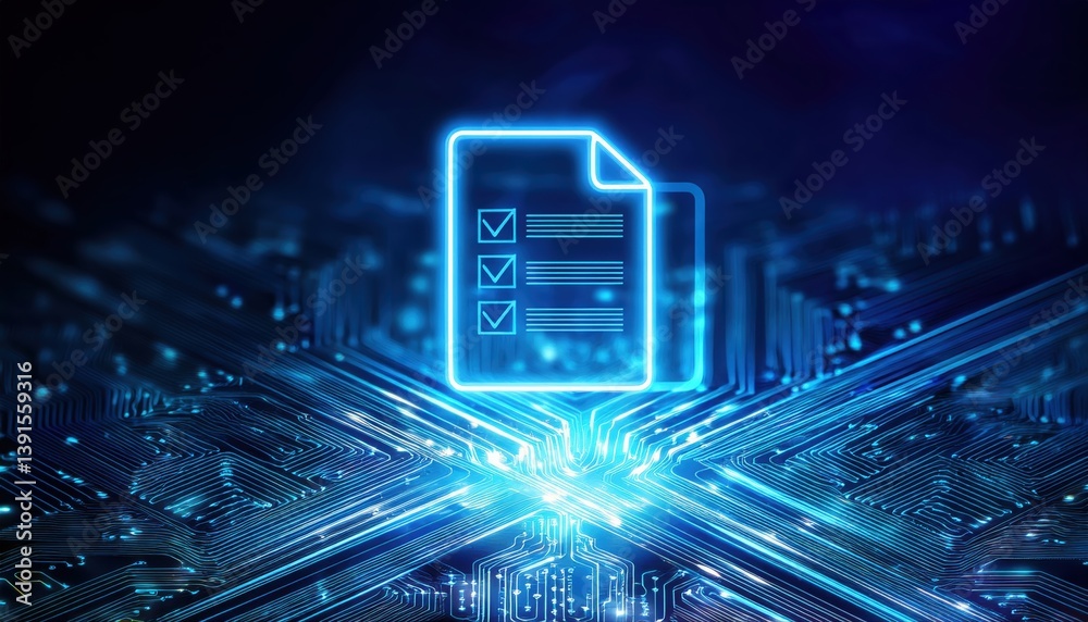 Poster glowing digital checklist icon floating above a transparent circuit board representing encrypted dat