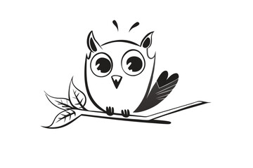 Monochrome Cartoon Owl Illustration, Perched on Branch, Leaves, Black and White Drawing