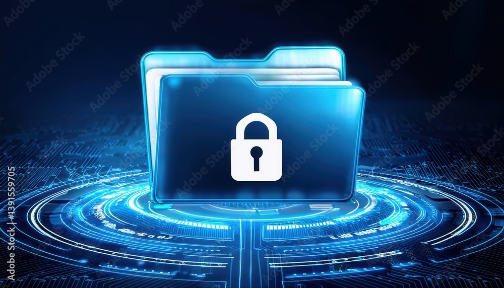 Poster file folder with security padlock symbolizing privacy and encryption in a digital context