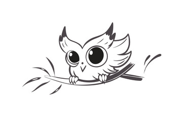Cute Owl Sketch, Whimsical Bird Sitting on Branch, Black and White Design, Minimalist