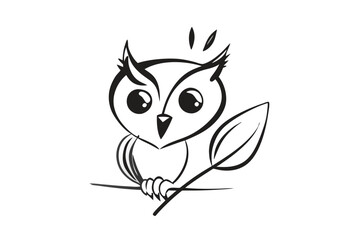 Stylized Owl Line Art Illustration, Minimalist Bird Design on Branch, Isolated on White
