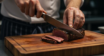 Chef Slicing Grilled Beef Tenderloin on Wooden Cutting Board Close-up