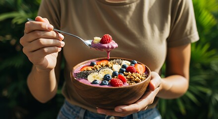 Eating Colorful Smoothie Bowl with Fresh Fruits and Chia Seeds