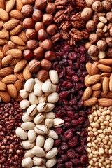 Obraz premium Close-up of various nuts, seeds, and dried fruit - macro detail winter nuts