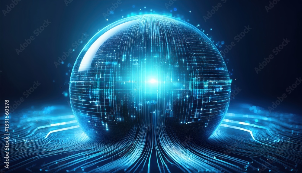 Poster high contrast sphere with circuit background and flowing data streams representing digital protectio