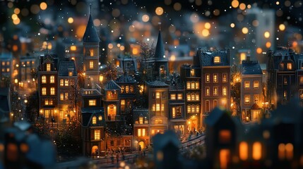 Obraz premium Detailed townhouses glow warmly at night under soft bokeh lights. Perfect for holiday promotions, cozy home blogs, or story illustrations.