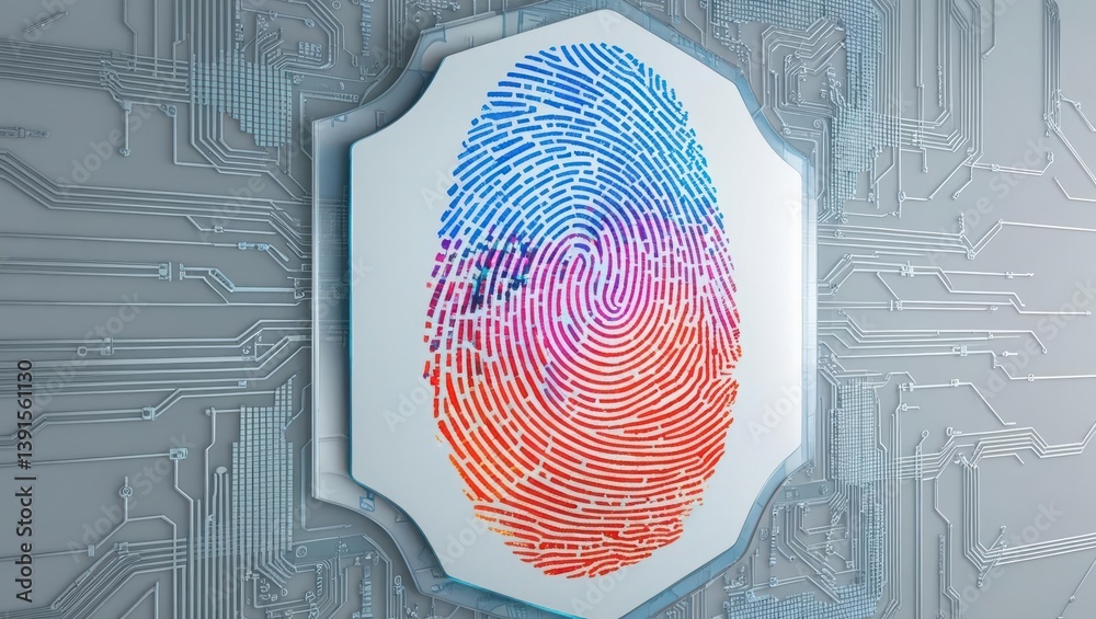 Poster futuristic fingerprint merging with pixelated data streams on a translucent privacy shield design