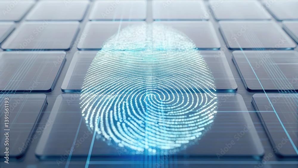 Poster futuristic fingerprint overlaying a computer keyboard in a pixelated digital data environment