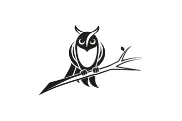 Stylized Owl Silhouette on Branch, Detailed Feathers, Sharp Talons, Black and White