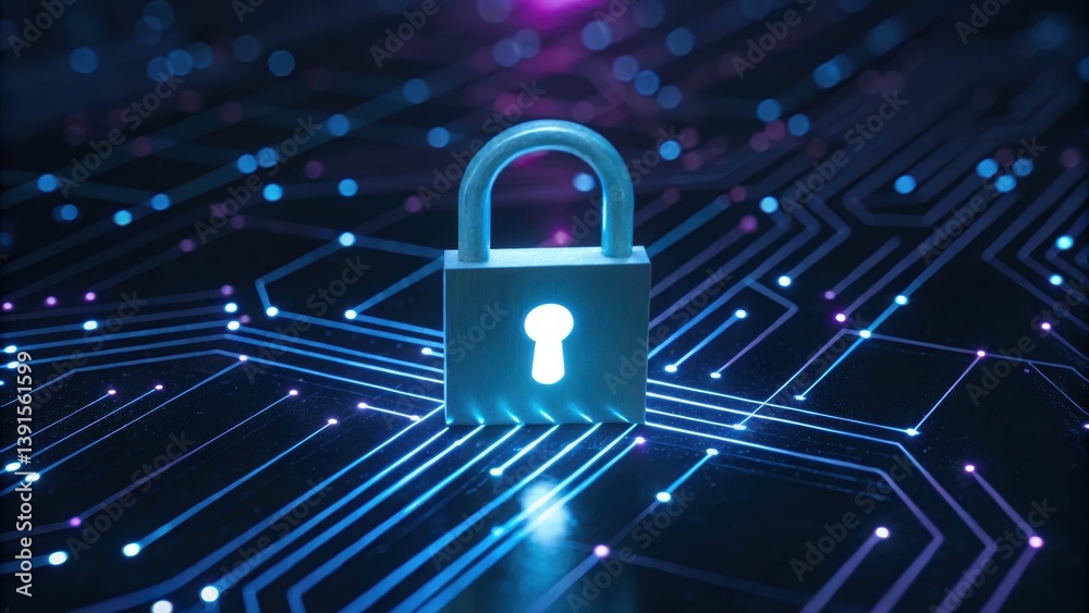 Poster abstract glowing digital padlock icon hovering above circuitry in a futuristic technology setting