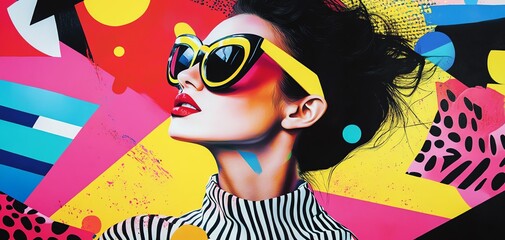Vibrant pop art portrait of a stylish woman wearing bold sunglasses against a colorful geometric background.  Perfect for fashion, beauty, and art projects.