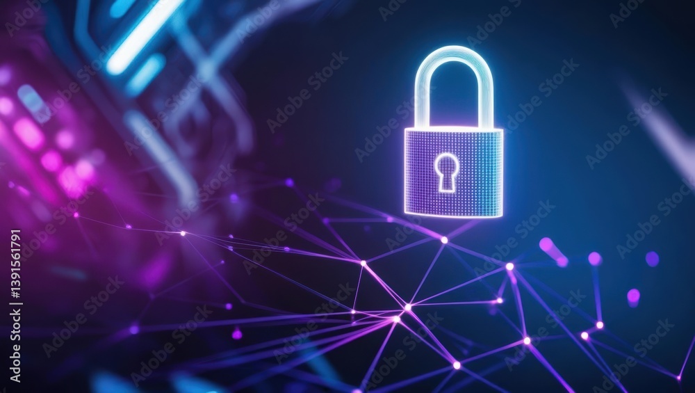 Poster glowing abstract digital padlock icon hovering on network of light lines representing security conce