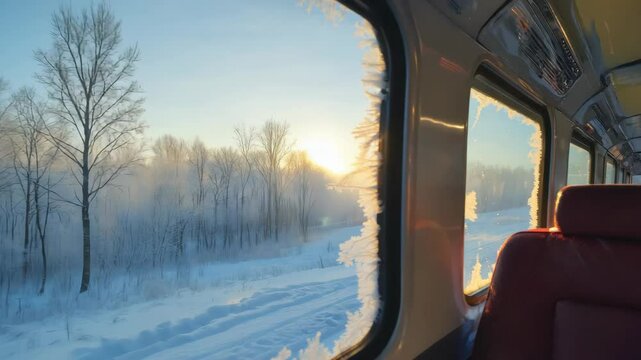 Frosty Winter Sunrise: A Scenic Train Journey Through a Snow-Covered Landscape