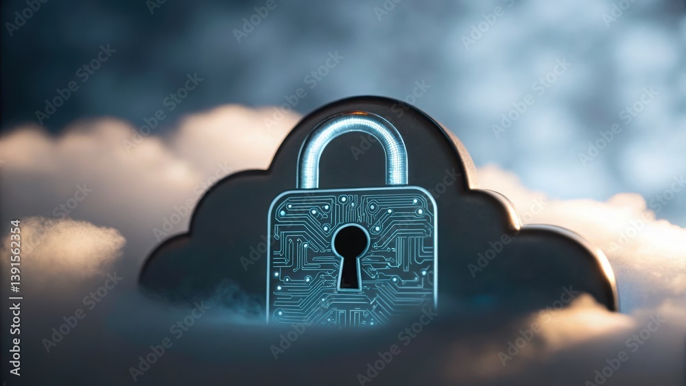 Poster cloud with a lock symbolizing security in digital environments with embedded circuit patterns displa