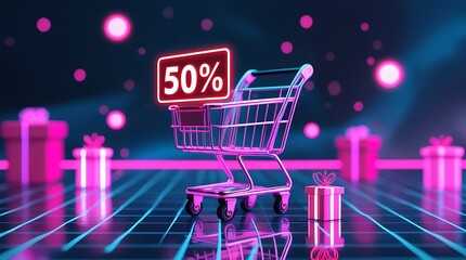 3D shopping cart with glowing 50% discount sign and gift boxes in neon pink and blue lighting, perfect for Black Friday or online sale promotion backgrounds
