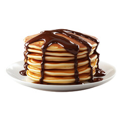Stack of golden pancakes covered in thick chocolate syrup, isolated on white transparent background, concept of sweet breakfast