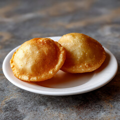  golden puri on a white plate, p: two golden-brown,