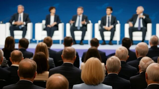 Panel discussion featuring business speakers engaging with audience  