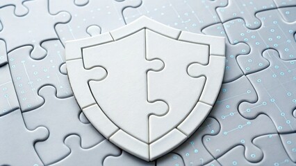 Interlocking puzzle pieces forming a white shield representing security and protection in digital space
