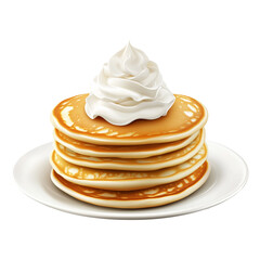Fluffy pancake stack topped with whipped cream, isolated on white transparent background. Concept of tasty breakfast or dessert treat
