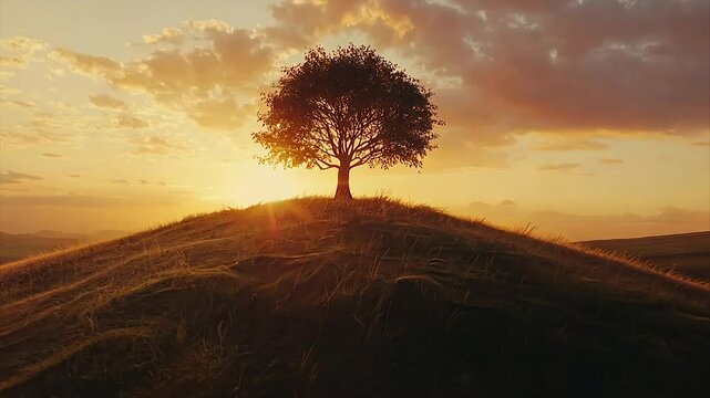 Solitary tree silhouetted against a vibrant sunset on a gently rolling hill