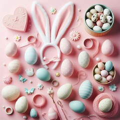 Easter eggstravaganza: Pastel-colored Easter eggs and a bunny ears headband arranged playfully on a delicate pink backdrop. Perfect image for spring or holiday designs.
