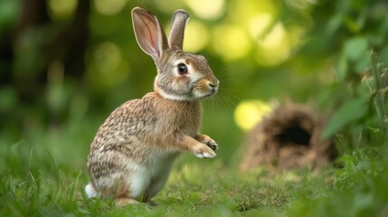 A Curious Rabbit Stands Alertly Among Green Grass And Vegetation