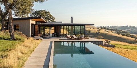 Fototapeta premium Tilted angle view of minimalist luxury home, surrounded by serene rural landscapes, elegant simplicity, tranquil colors, modern design elements