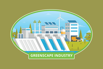 Green Energy and Eco-Factory Badge or Label. Sustainable Industry Concept Vector