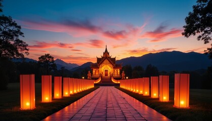 Illuminated temple with glowing lanterns at sunset against a serene mountain backdrop, showcasing the beauty of spirituality and the concept of cultural festivals or religious tourism