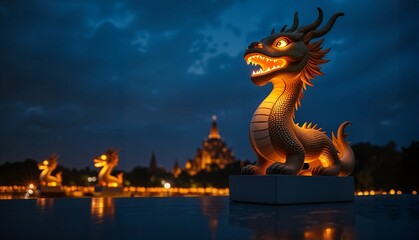 Fototapeta premium Illuminated dragon lantern sculpture against a twilight sky with a blurred temple backdrop, celebrating Vesak festival and cultural traditions of Asian communities
