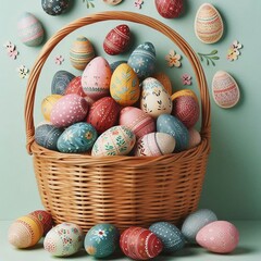 Easter Egg Basket: A vibrant assortment of intricately decorated Easter eggs spills from a woven basket, creating a festive display of spring.