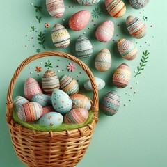Colorful painted eggs, a traditional spring holiday symbol, in a green basket for Easter celebration