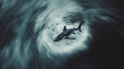 Fototapeta premium A solitary shark is swimming through swirling ocean water