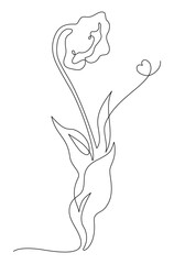 Beautiful Flower with Leaves and Heart in One Continuous Line Drawing. Minimalist Simple Linear. Tulip. Vector Illustration. Hand Drawn Monoline. Editable stroke