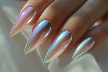 Close-up of glossy iridescent stiletto nails with chrome finish, glowing under natural light
