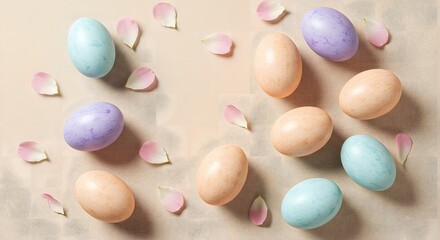 Soft pastel Easter eggs with delicate floral patterns are arranged on a neutral background, scattered among pink flower petals for a gentle, elegant spring vibe.