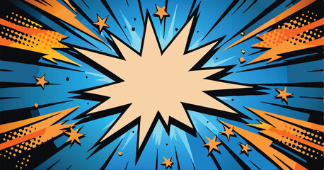 Comic Book Explosion Background Dynamic Starburst, Blue, Orange © Mamun