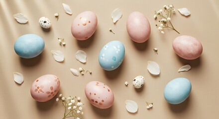 Soft pastel Easter eggs with delicate floral patterns are arranged on a neutral background, scattered among pink flower petals for a gentle, elegant spring vibe.