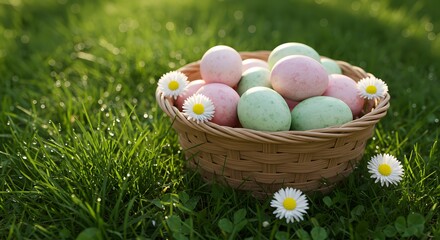 A wicker basket filled with colorful Easter eggs rests on vibrant green grass, surrounded by white daisies in warm sunlight, capturing the joy of spring and Easter celebration.
