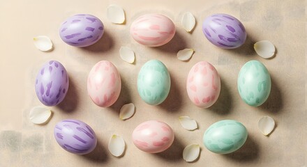 Soft pastel Easter eggs with delicate floral patterns are arranged on a neutral background, scattered among pink flower petals for a gentle, elegant spring vibe.